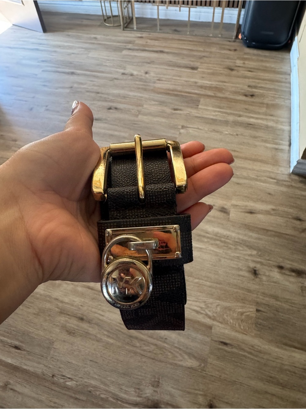 Michael Kors Black Belt with Gold Buckle and Silver MK Accent